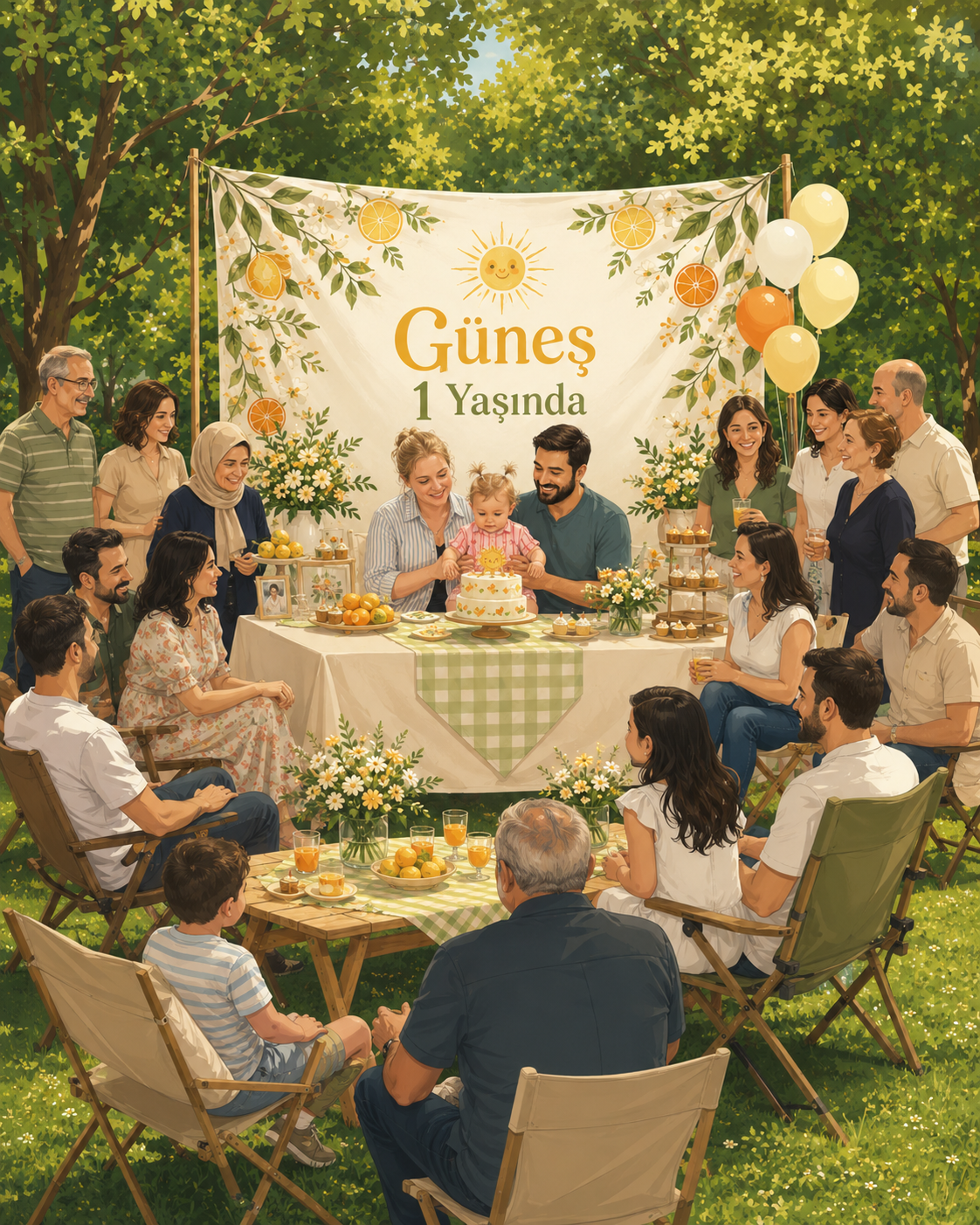 Güneş'in birinci yaş günü için bahçede aile ve dostlarla kutlama